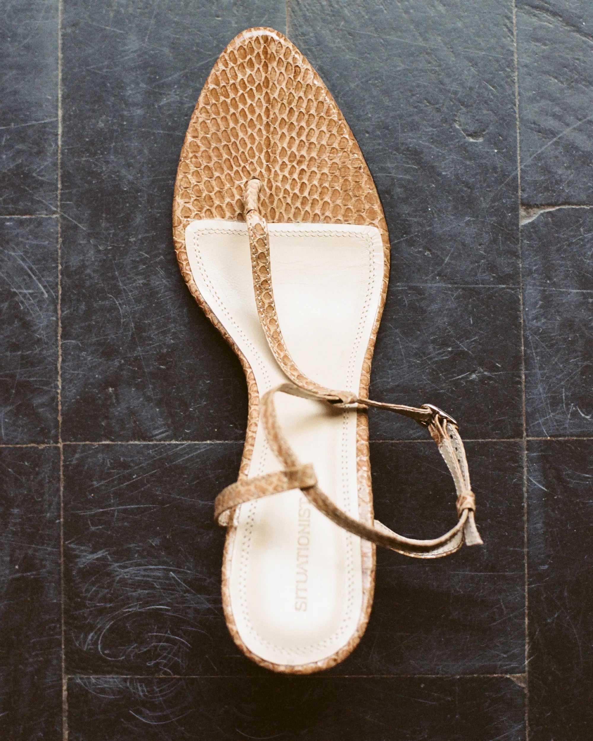 Open-toe t-strap sandal in snakeskin