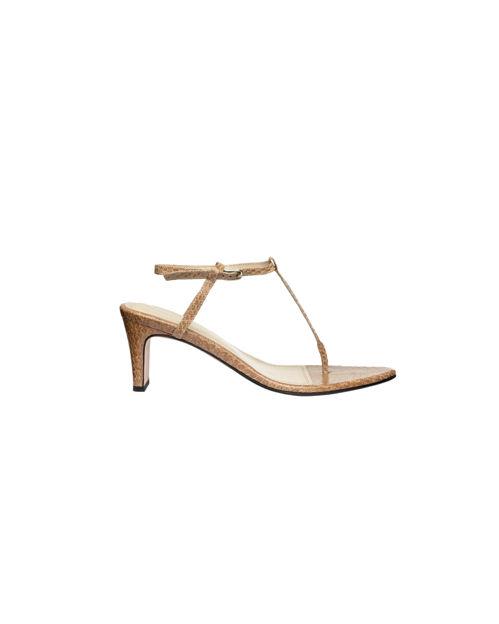 Open-toe t-strap sandal in snakeskin