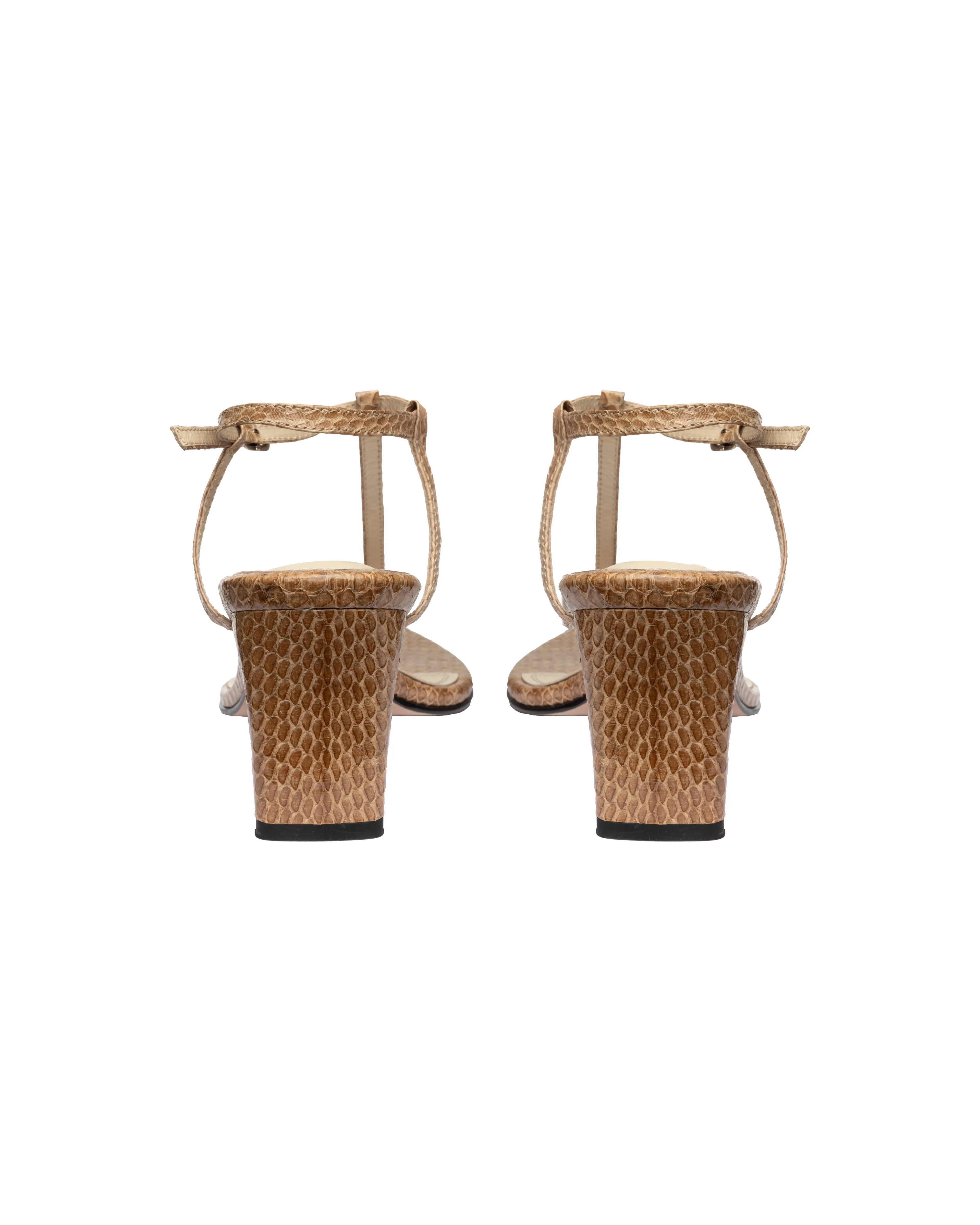 Open-toe t-strap sandal in snakeskin